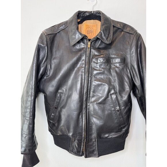 VTG Golden Bear Black Leather Military  Bomber Flyer Jacket Wool Lined M USA - Picture 1 of 14